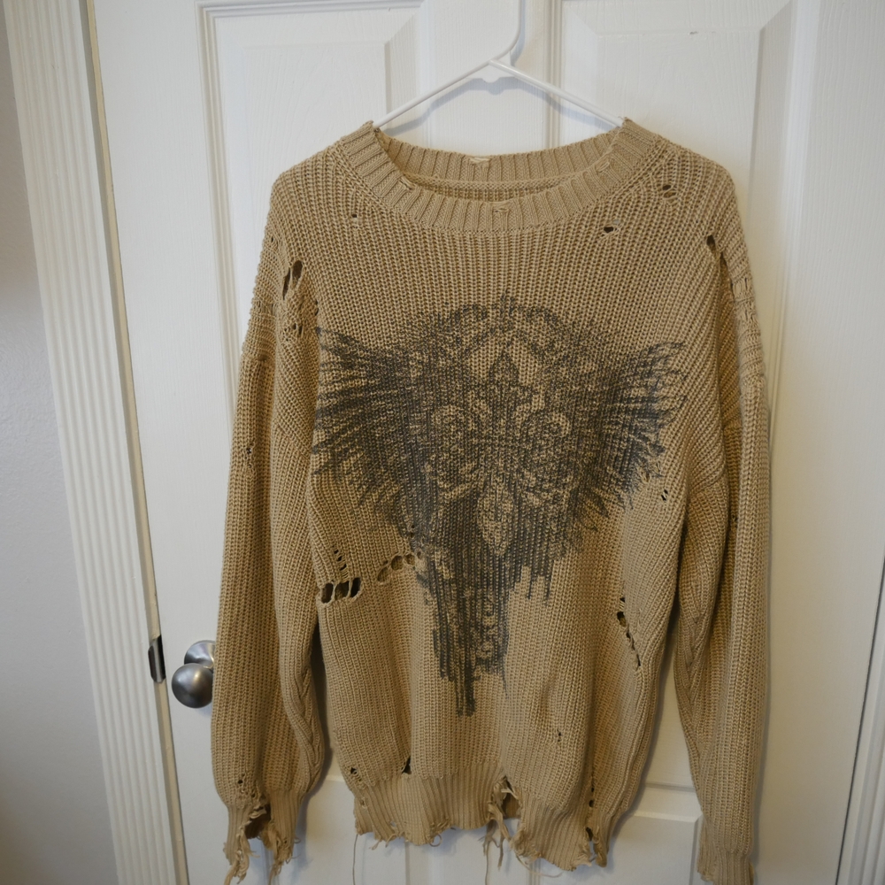SHEIN Beige Distressed Crewneck Sweater